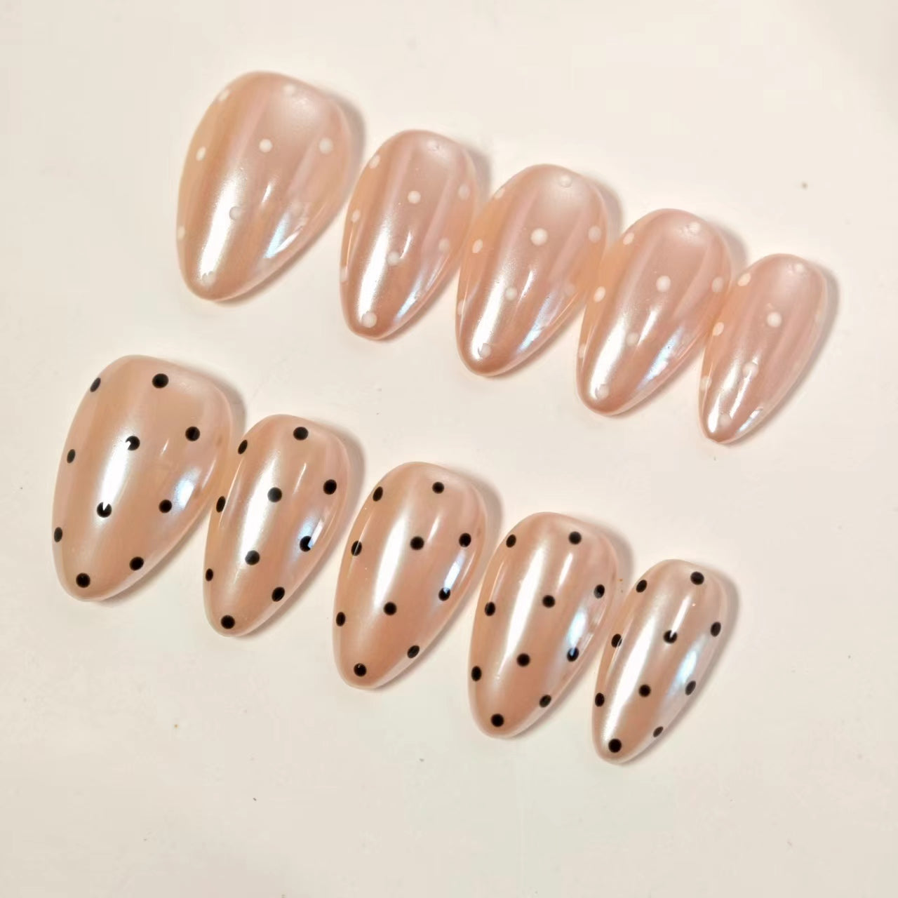 Classic Polka Dot Press On Nails Short Almond - Black & White Dots on Nude Base, French Manicure Style, Elegant and Timeless False Nails for Daily Wear