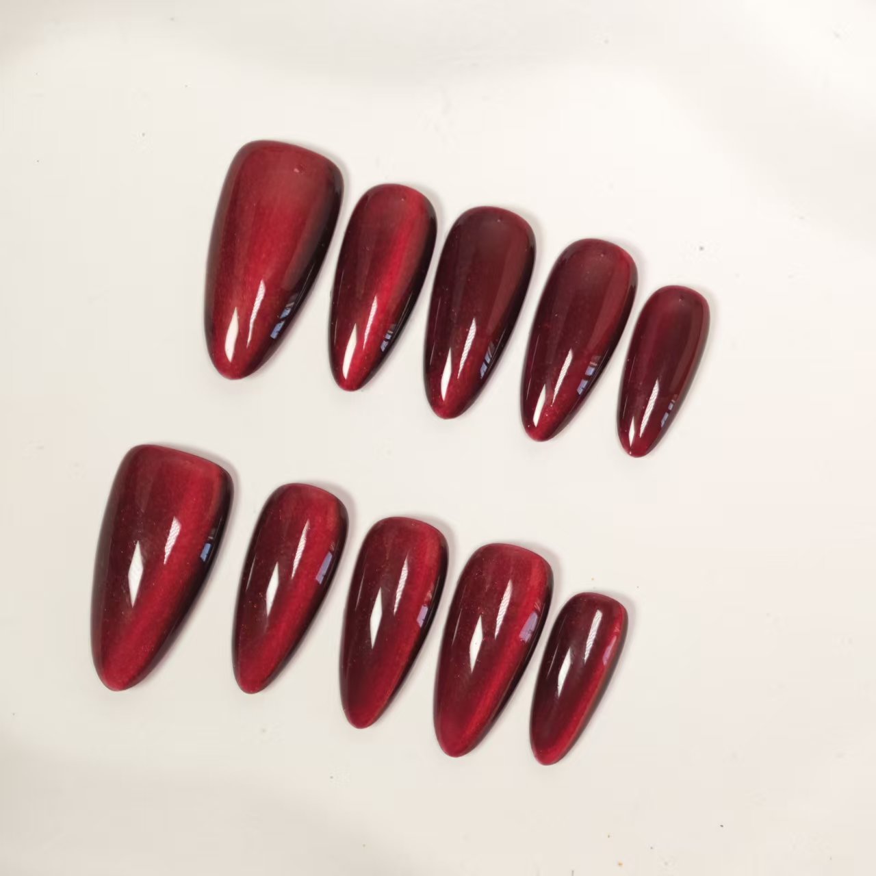 Ruby Red Cat Eye Press On Nails Long Almond - Deep Red Shimmer & High Gloss Finish, Magnetic Magic Effect, Perfect for Christmas & NYE Party Nights