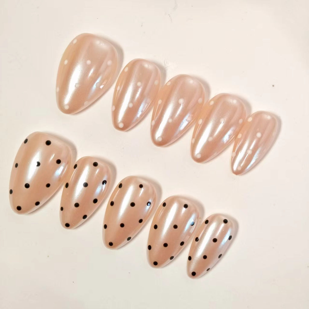 Classic Polka Dot Press On Nails Short Almond - Black & White Dots on Nude Base, French Manicure Style, Elegant and Timeless False Nails for Daily Wear