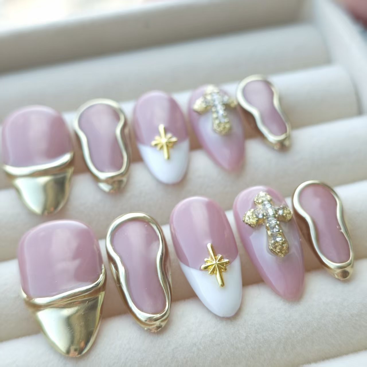 Press On Nails | Pink French Tip Gold Cross Design | Detachable Reusable Handmade Fake Nails | 10Pcs Luxury Acrylic Nail Art Kit for Women