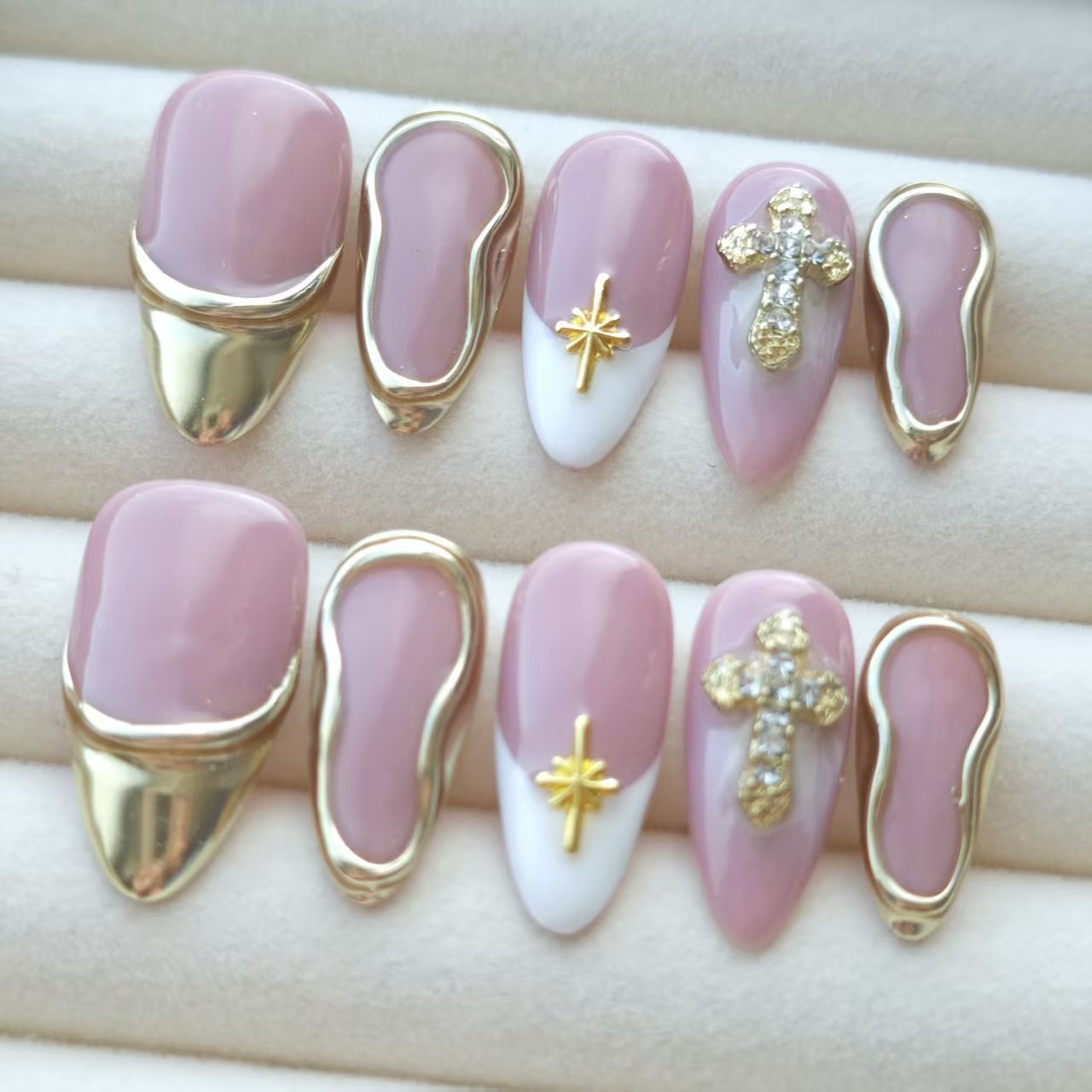 Press On Nails | Pink French Tip Gold Cross Design | Detachable Reusable Handmade Fake Nails | 10Pcs Luxury Acrylic Nail Art Kit for Women