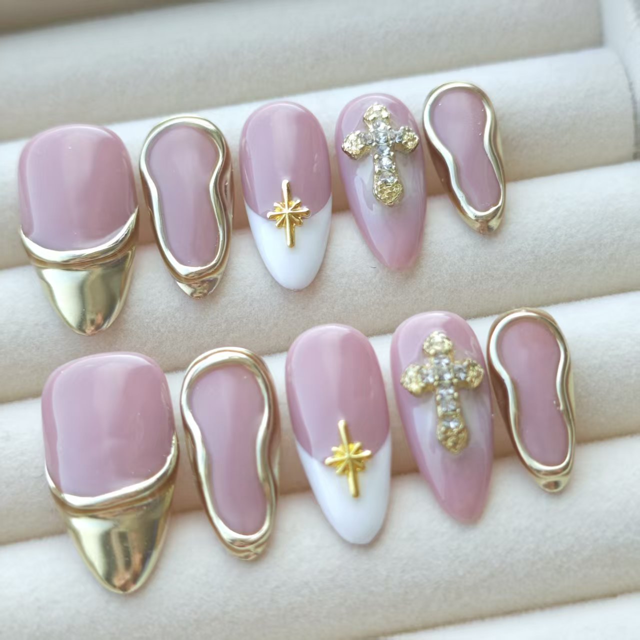 Press On Nails | Pink French Tip Gold Cross Design | Detachable Reusable Handmade Fake Nails | 10Pcs Luxury Acrylic Nail Art Kit for Women