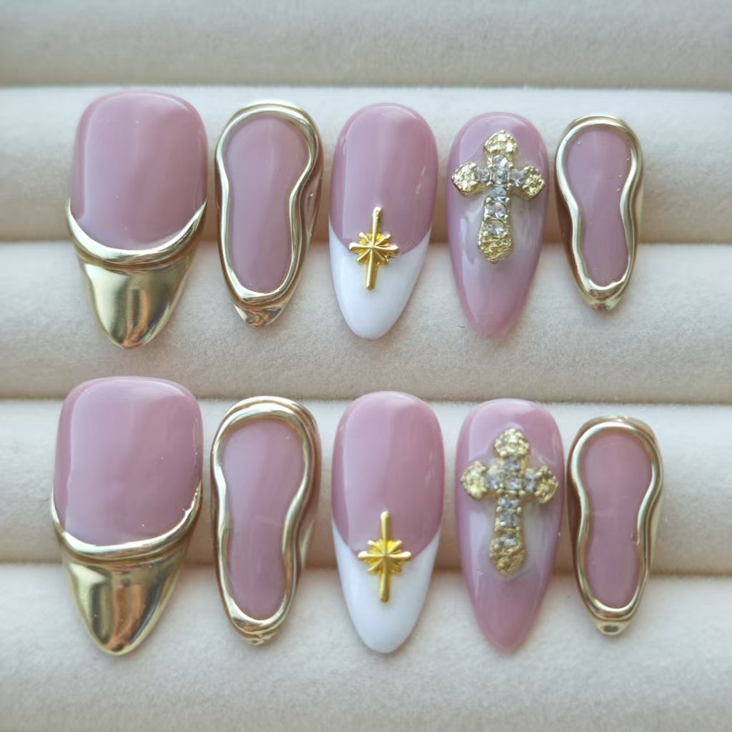 Press On Nails | Pink French Tip Gold Cross Design | Detachable Reusable Handmade Fake Nails | 10Pcs Luxury Acrylic Nail Art Kit for Women