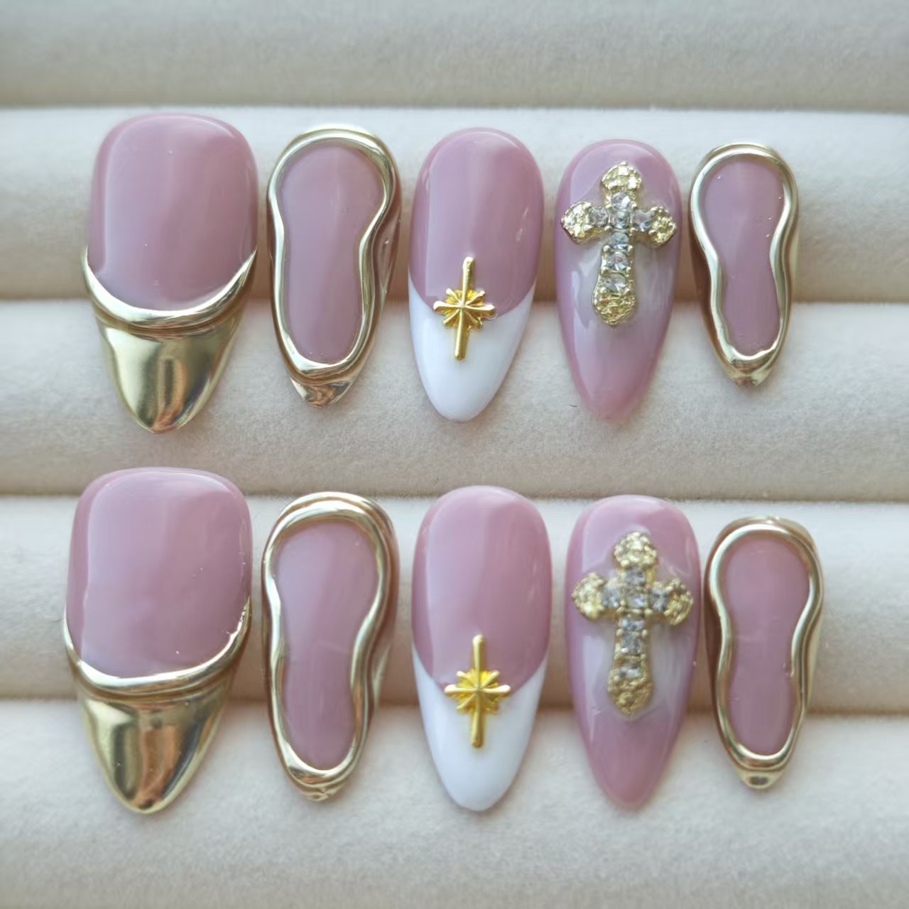 Press On Nails | Pink French Tip Gold Cross Design | Detachable Reusable Handmade Fake Nails | 10Pcs Luxury Acrylic Nail Art Kit for Women