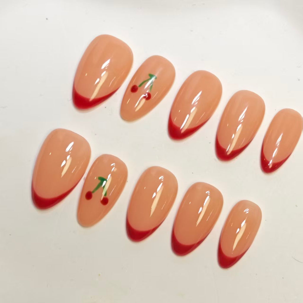 Press On Nails | Red Cherry French Manicure Design | Detachable & Reusable | 10pcs Handmade Nail Art Kit-SIVI NAILS