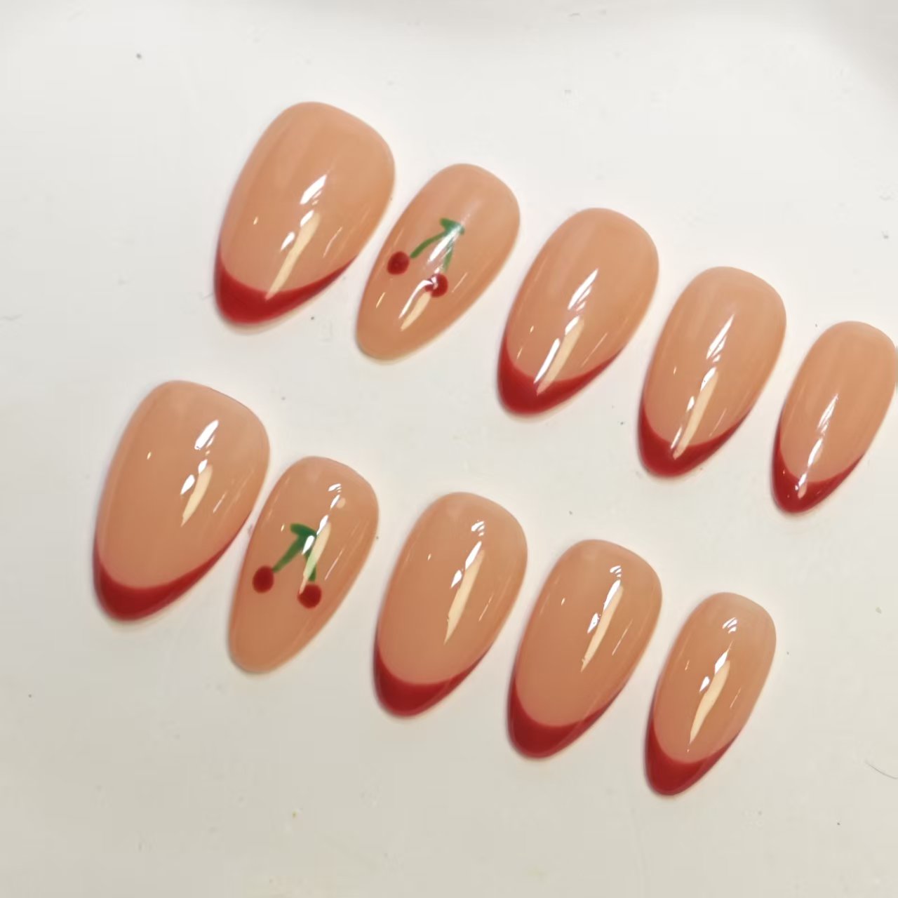 Press On Nails | Red Cherry French Manicure Design | Detachable & Reusable | 10pcs Handmade Nail Art Kit-SIVI NAILS