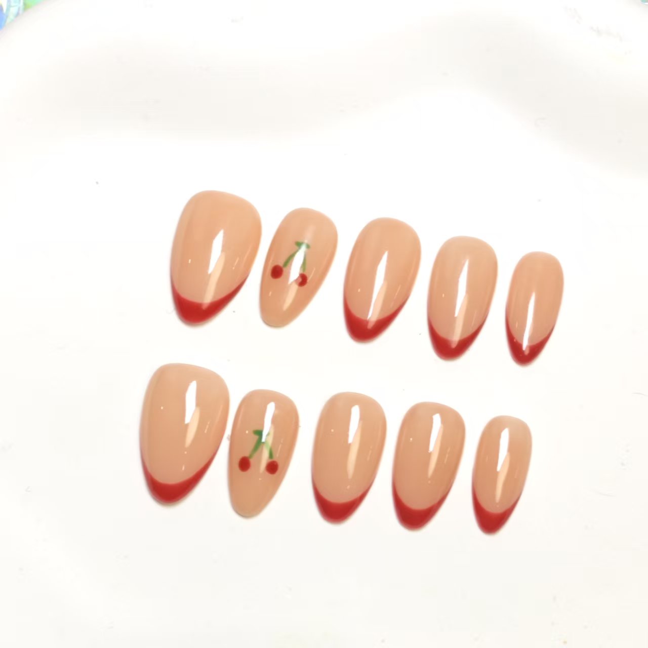 Press On Nails | Red Cherry French Manicure Design | Detachable & Reusable | 10pcs Handmade Nail Art Kit-SIVI NAILS