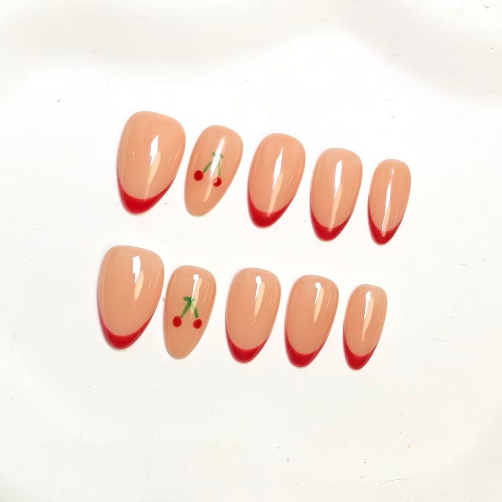 Press On Nails | Red Cherry French Manicure Design | Detachable & Reusable | 10pcs Handmade Nail Art Kit-SIVI NAILS