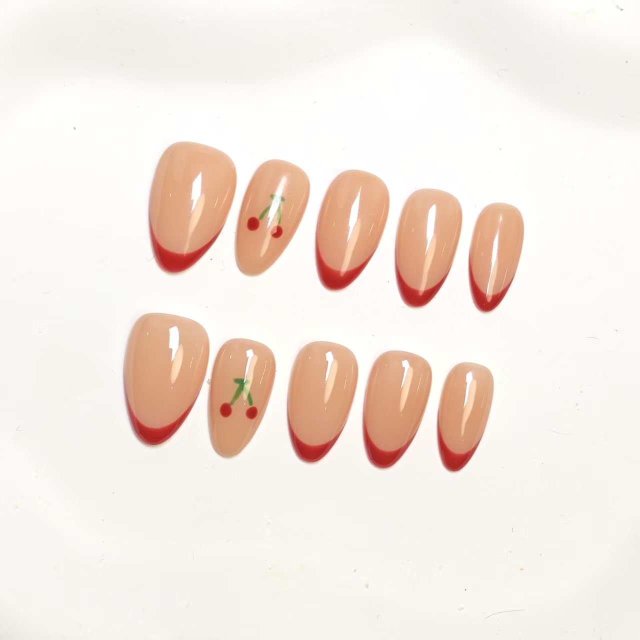 Press On Nails | Red Cherry French Manicure Design | Detachable & Reusable | 10pcs Handmade Nail Art Kit-SIVI NAILS