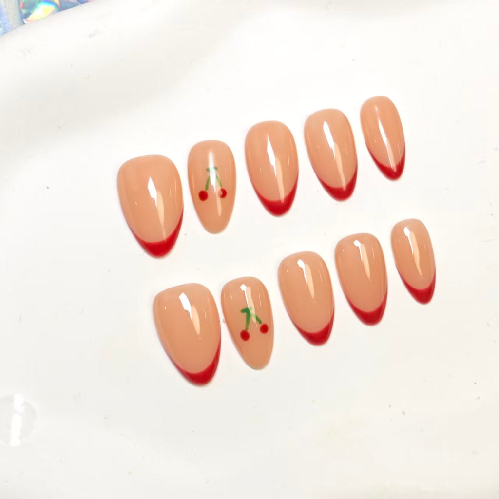 Press On Nails | Red Cherry French Manicure Design | Detachable & Reusable | 10pcs Handmade Nail Art Kit-SIVI NAILS