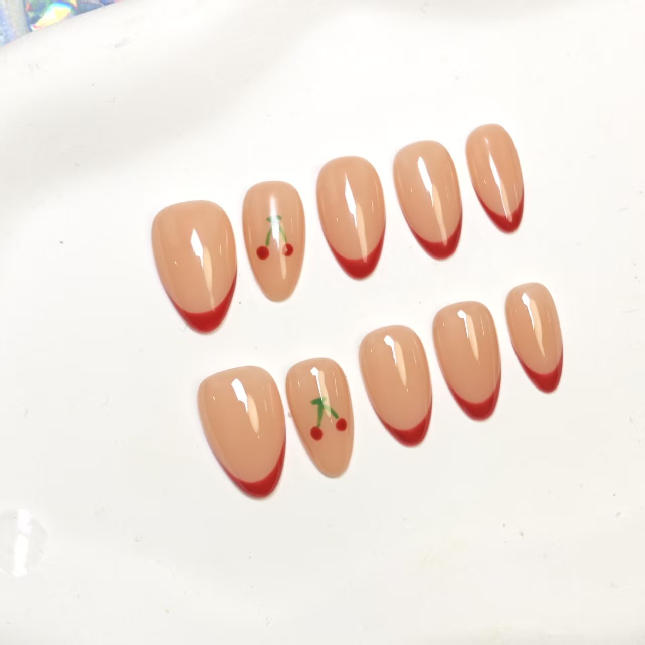 Press On Nails | Red Cherry French Manicure Design | Detachable & Reusable | 10pcs Handmade Nail Art Kit-SIVI NAILS