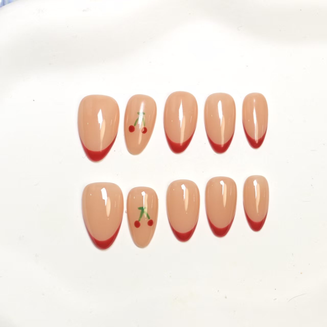 Press On Nails | Red Cherry French Manicure Design | Detachable & Reusable | 10pcs Handmade Nail Art Kit-SIVI NAILS