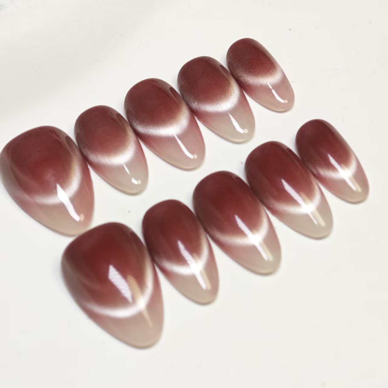 Cat Eye Press On Nails | Smiling French Design with Dark Plum Tips | Reusable & Easy to Apply | 10pcs Handmade Set