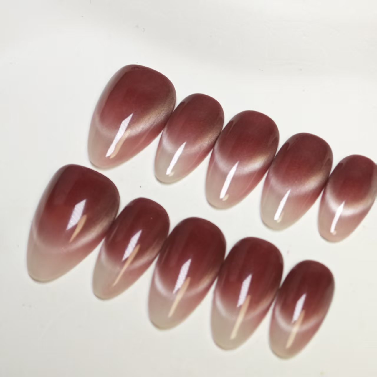 Cat Eye Press On Nails | Smiling French Design with Dark Plum Tips | Reusable & Easy to Apply | 10pcs Handmade Set