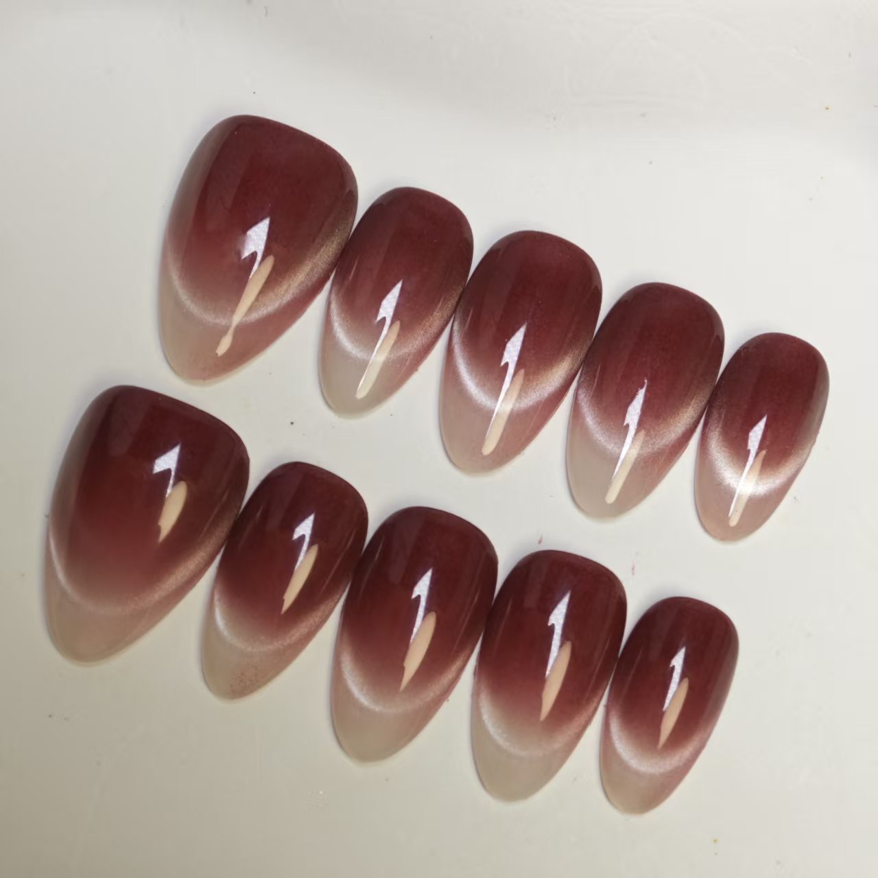 Cat Eye Press On Nails | Smiling French Design with Dark Plum Tips | Reusable & Easy to Apply | 10pcs Handmade Set