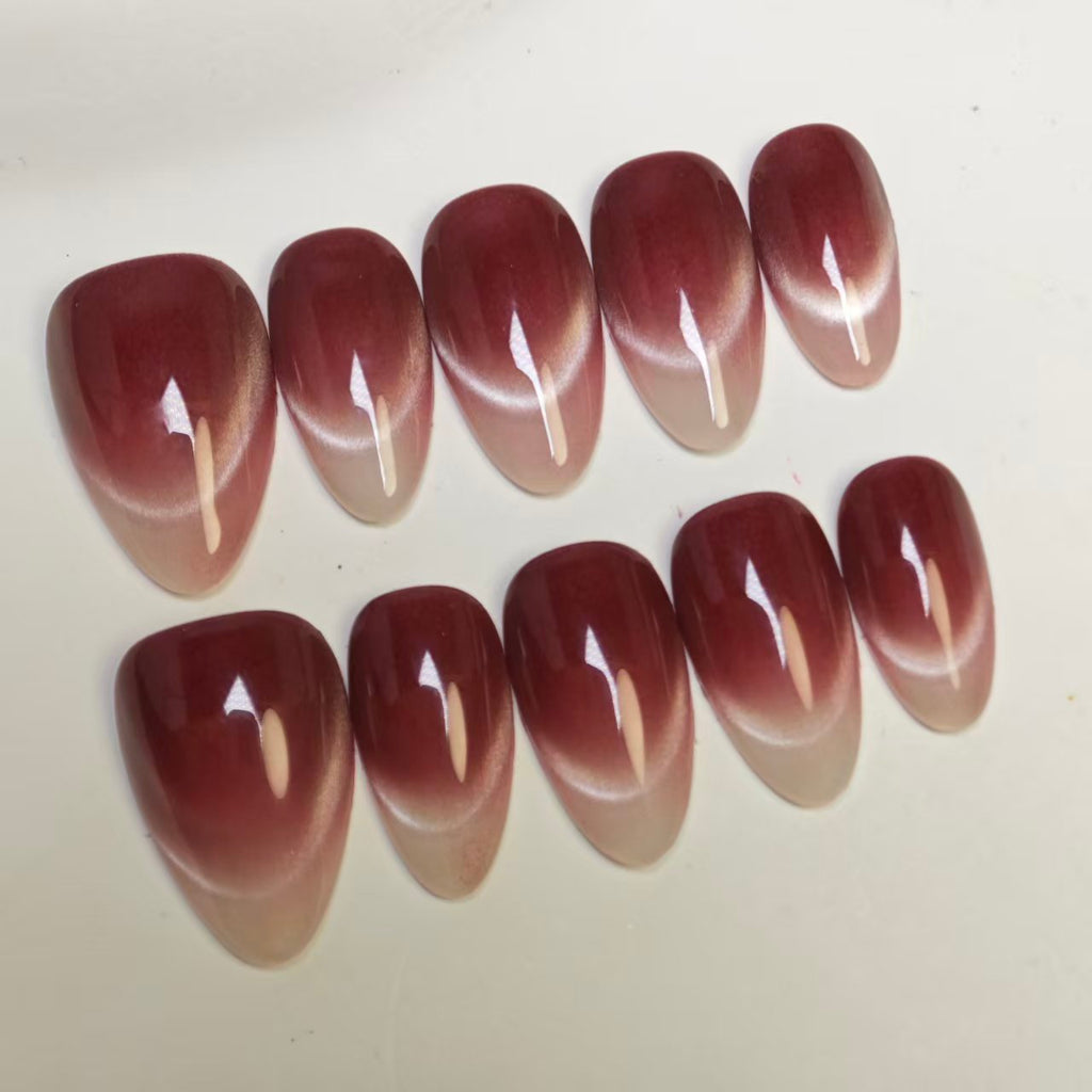Cat Eye Press On Nails | Smiling French Design with Dark Plum Tips | Reusable & Easy to Apply | 10pcs Handmade Set