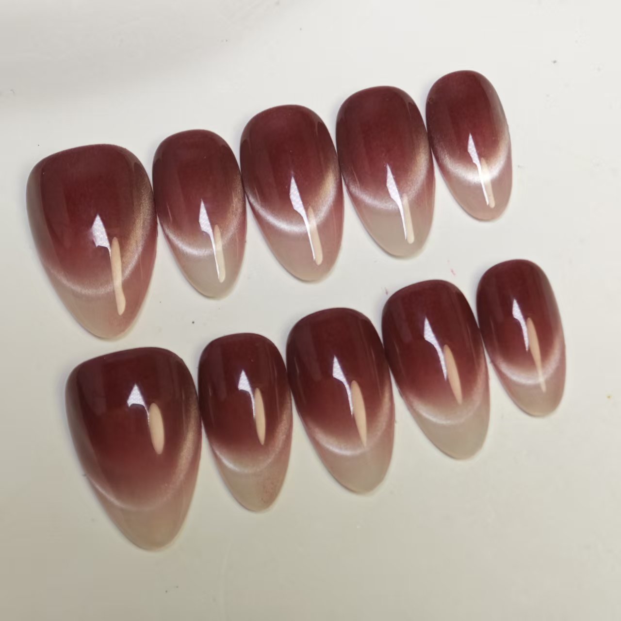 Cat Eye Press On Nails | Smiling French Design with Dark Plum Tips | Reusable & Easy to Apply | 10pcs Handmade Set