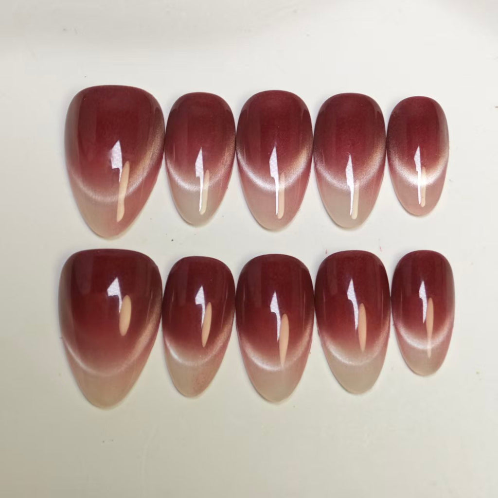 Cat Eye Press On Nails | Smiling French Design with Dark Plum Tips | Reusable & Easy to Apply | 10pcs Handmade Set