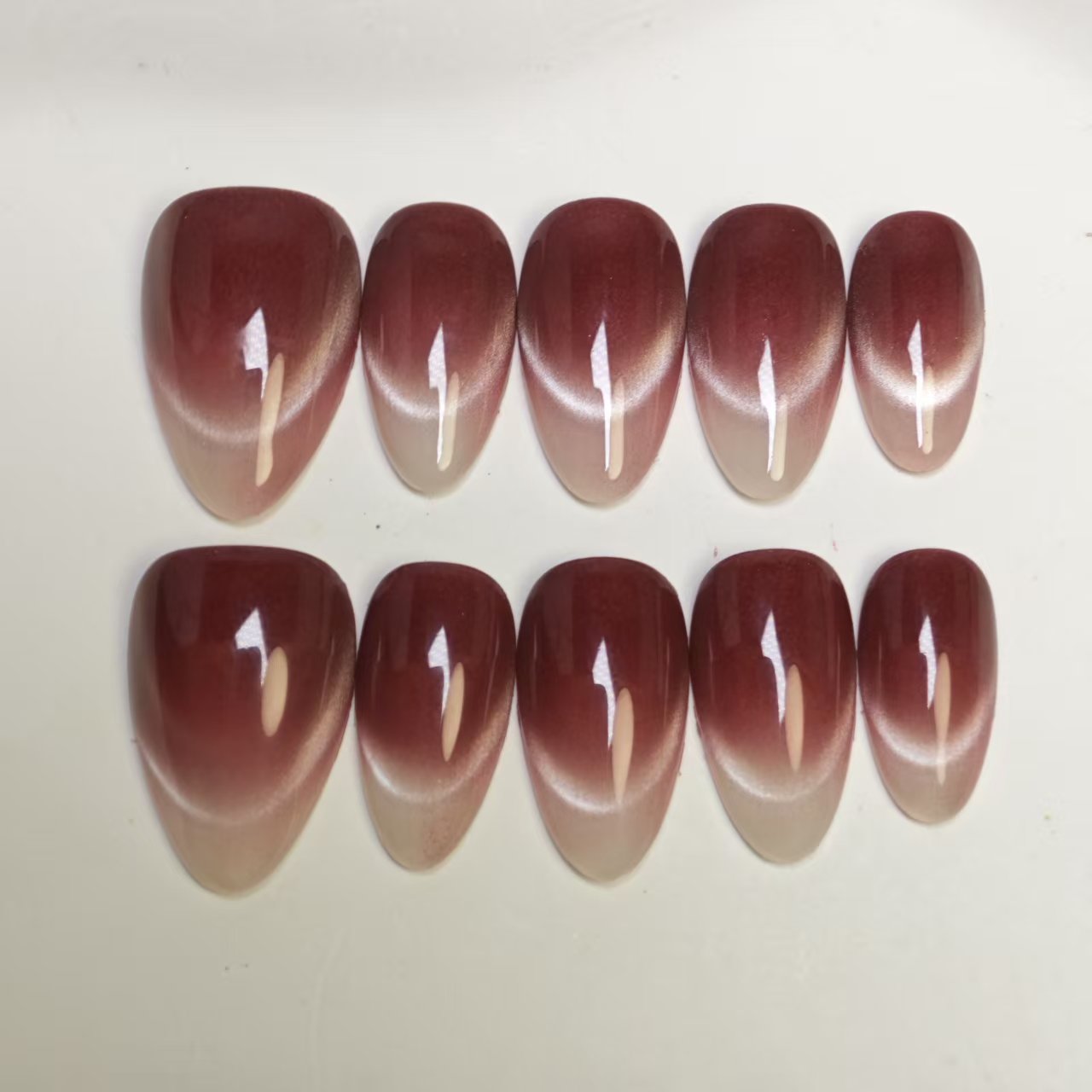 Cat Eye Press On Nails | Smiling French Design with Dark Plum Tips | Reusable & Easy to Apply | 10pcs Handmade Set