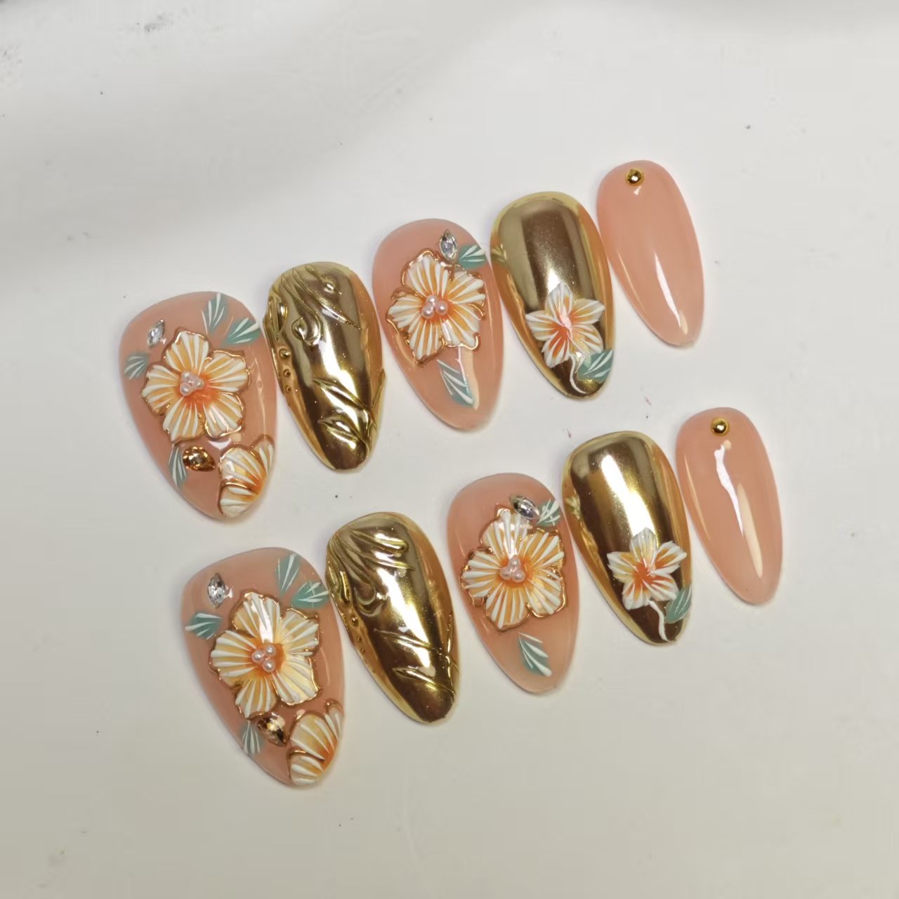 Hand-made National Style Hand-painted Petals Removable Fingernails Reusable with Gold Accents and Floral Design