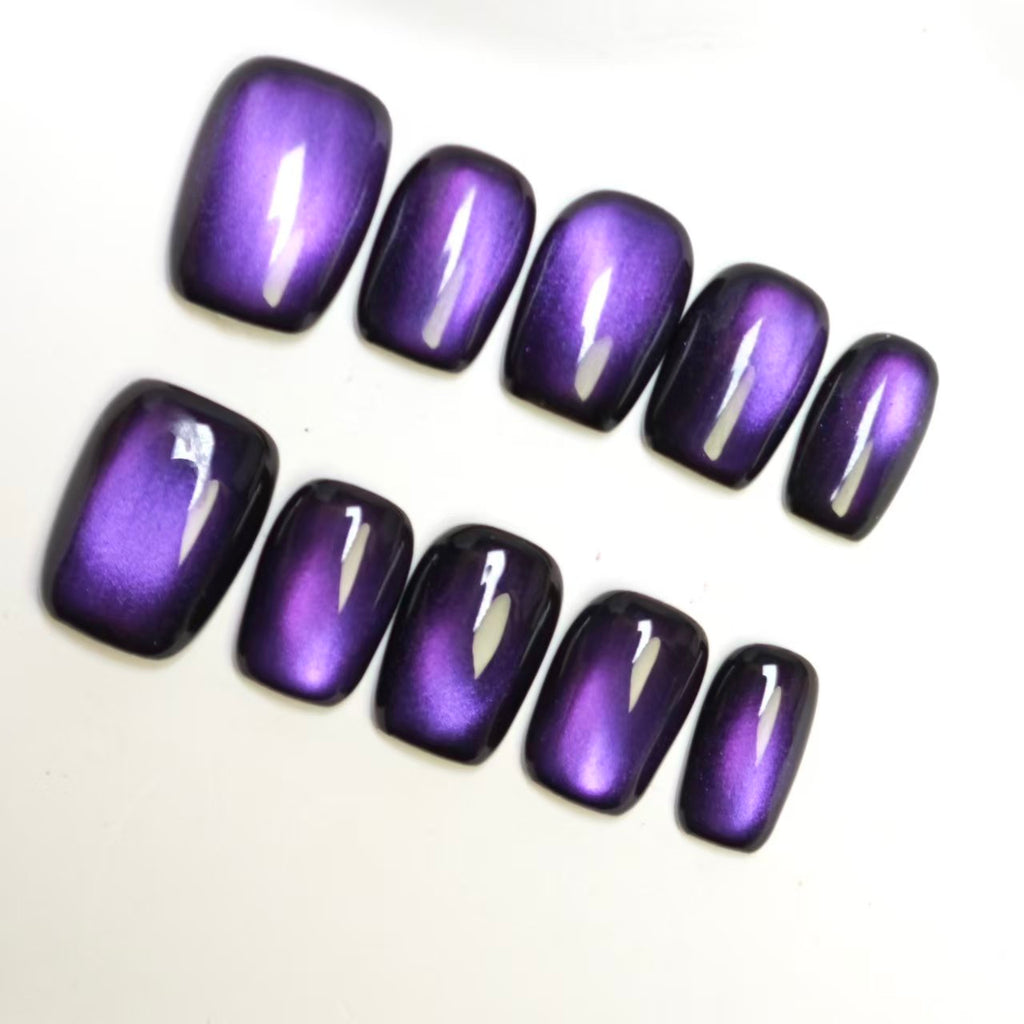 Sparkling Purple Beaded Nails | Glass Beads & Cat Eye Design | 10pcs Handmade Press On Nails | Reusable