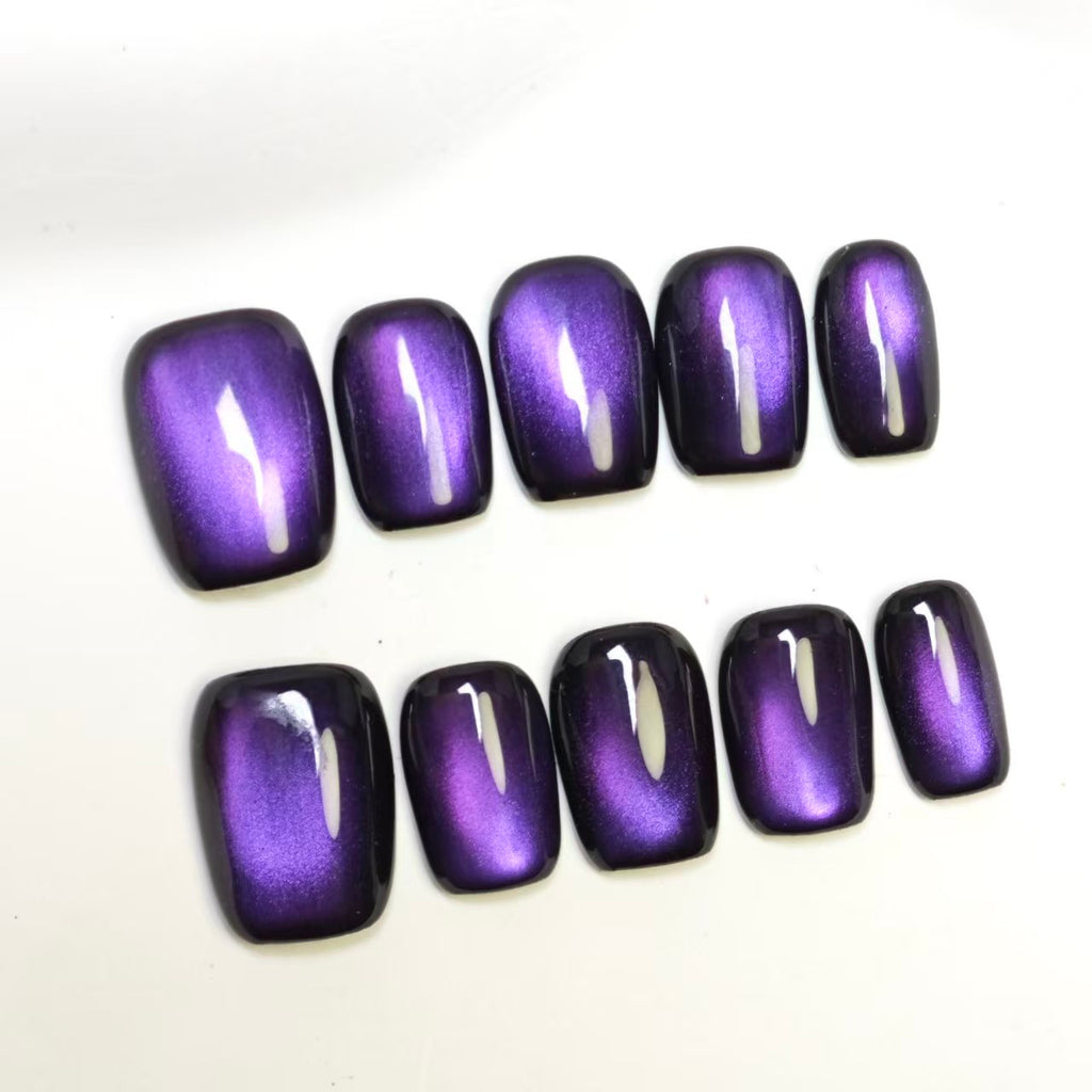 Sparkling Purple Beaded Nails | Glass Beads & Cat Eye Design | 10pcs Handmade Press On Nails | Reusable
