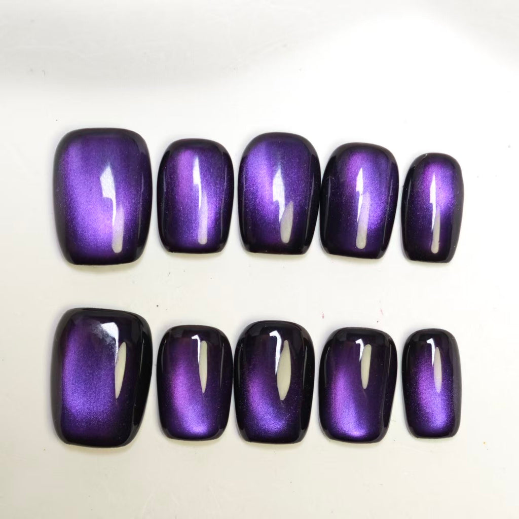 Sparkling Purple Beaded Nails | Glass Beads & Cat Eye Design | 10pcs Handmade Press On Nails | Reusable