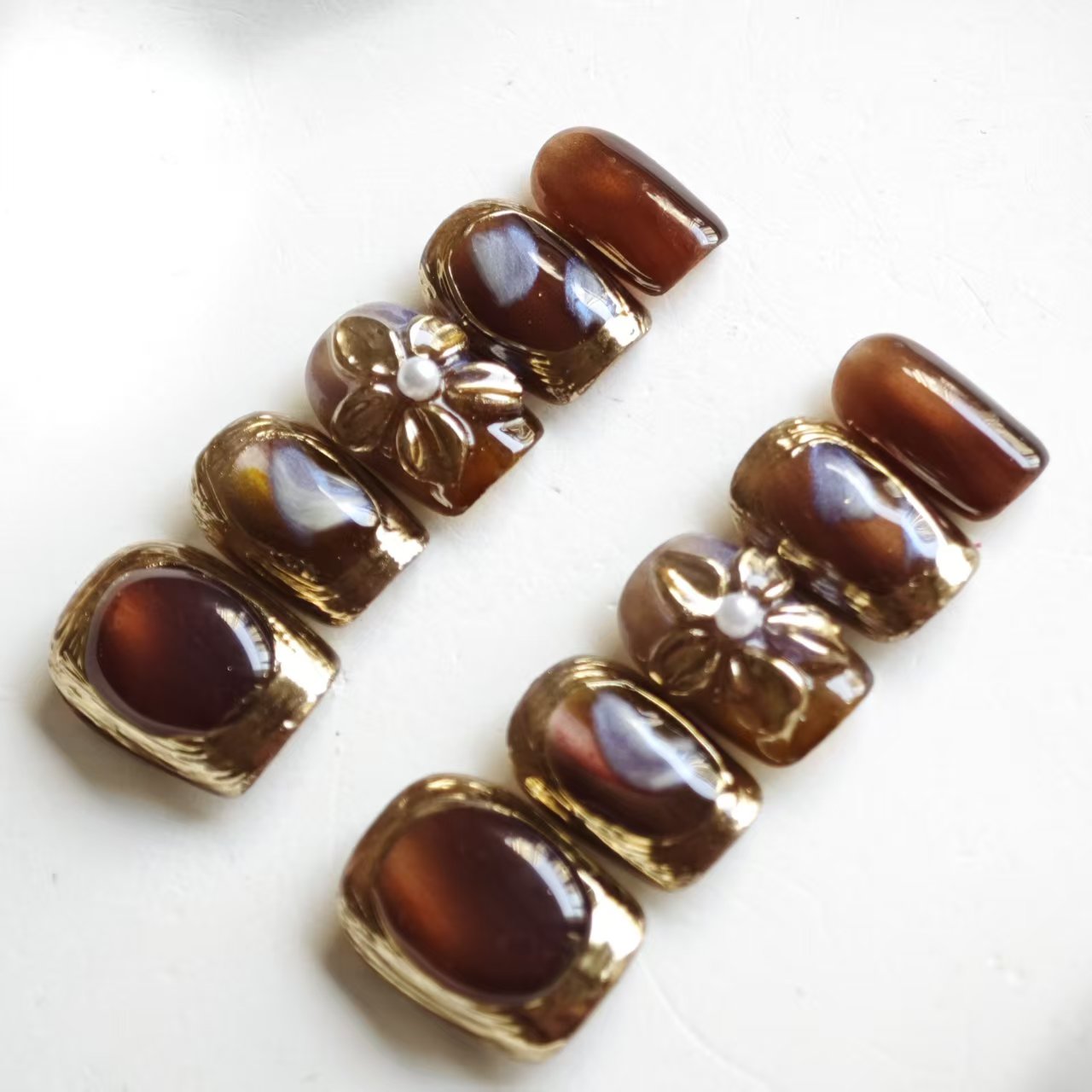 Press On Nails | Brown Gold 3D Flower Design | Detachable Reusable Handmade Fake Nails | 10Pcs Luxury Acrylic Nail Art Kit for Women-SIVI NAIL