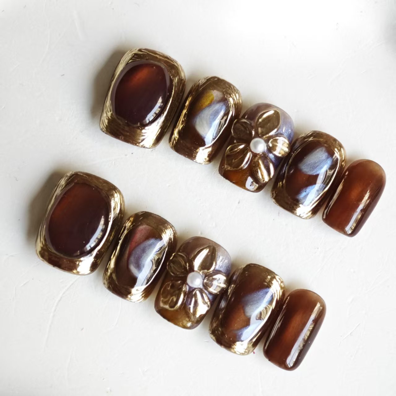 Press On Nails | Brown Gold 3D Flower Design | Detachable Reusable Handmade Fake Nails | 10Pcs Luxury Acrylic Nail Art Kit for Women-SIVI NAIL