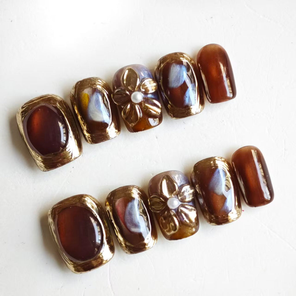 Press On Nails | Brown Gold 3D Flower Design | Detachable Reusable Handmade Fake Nails | 10Pcs Luxury Acrylic Nail Art Kit for Women-SIVI NAIL
