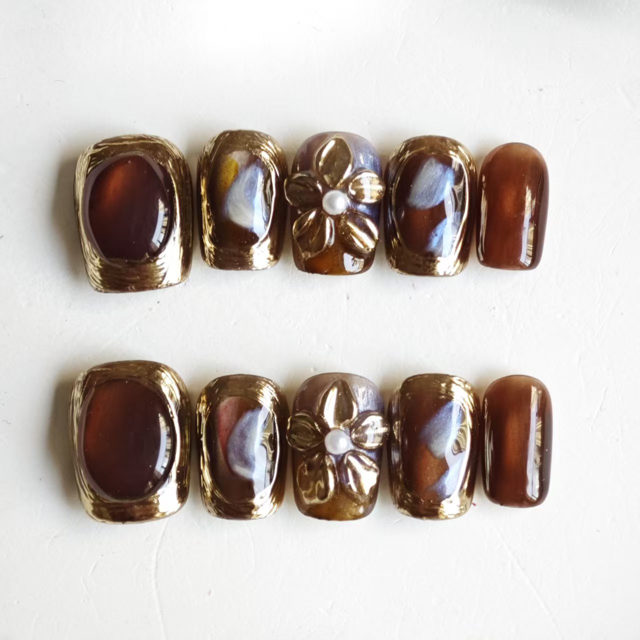 Press On Nails | Brown Gold 3D Flower Design | Detachable Reusable Handmade Fake Nails | 10Pcs Luxury Acrylic Nail Art Kit for Women-SIVI NAIL