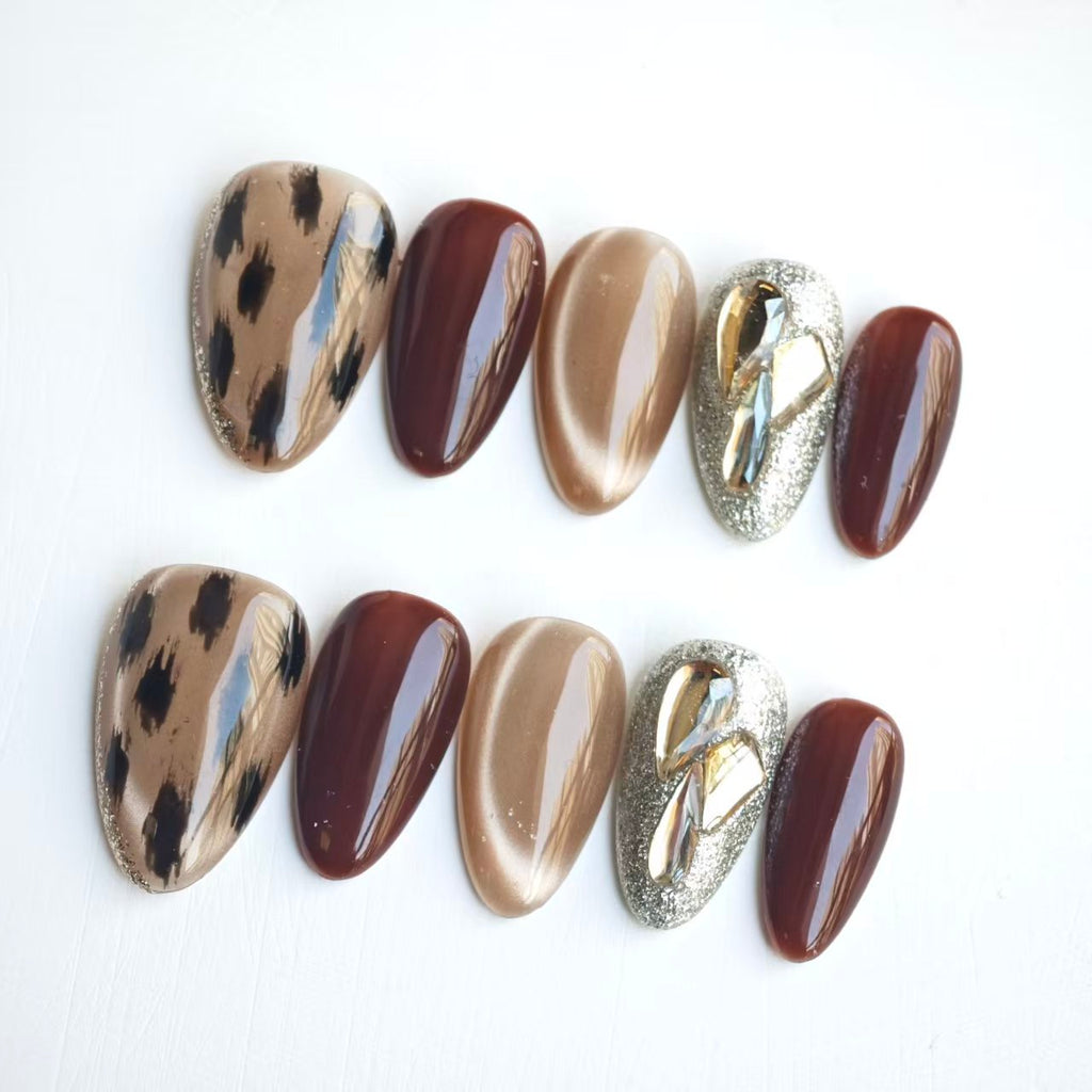 Press On Nails | Leopard Print Brown Cat Eye Design | Detachable Reusable Handmade Fake Nails | 10Pcs Luxury Acrylic Nail Art Kit for Women