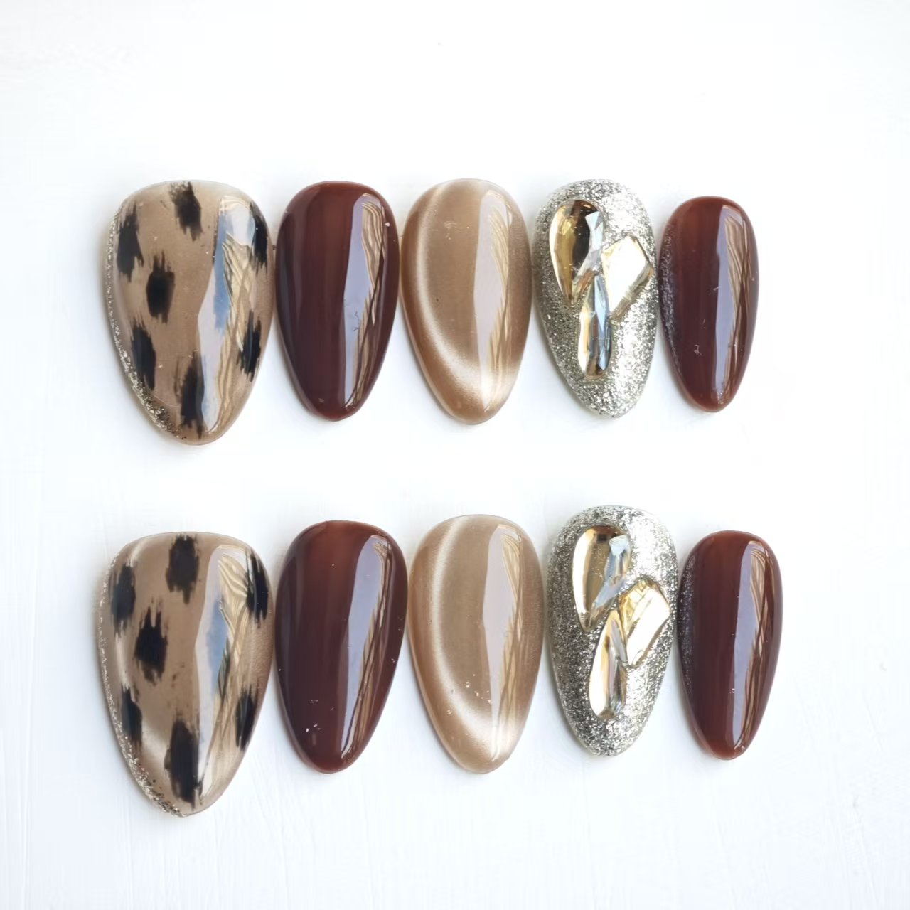 Press On Nails | Leopard Print Brown Cat Eye Design | Detachable Reusable Handmade Fake Nails | 10Pcs Luxury Acrylic Nail Art Kit for Women
