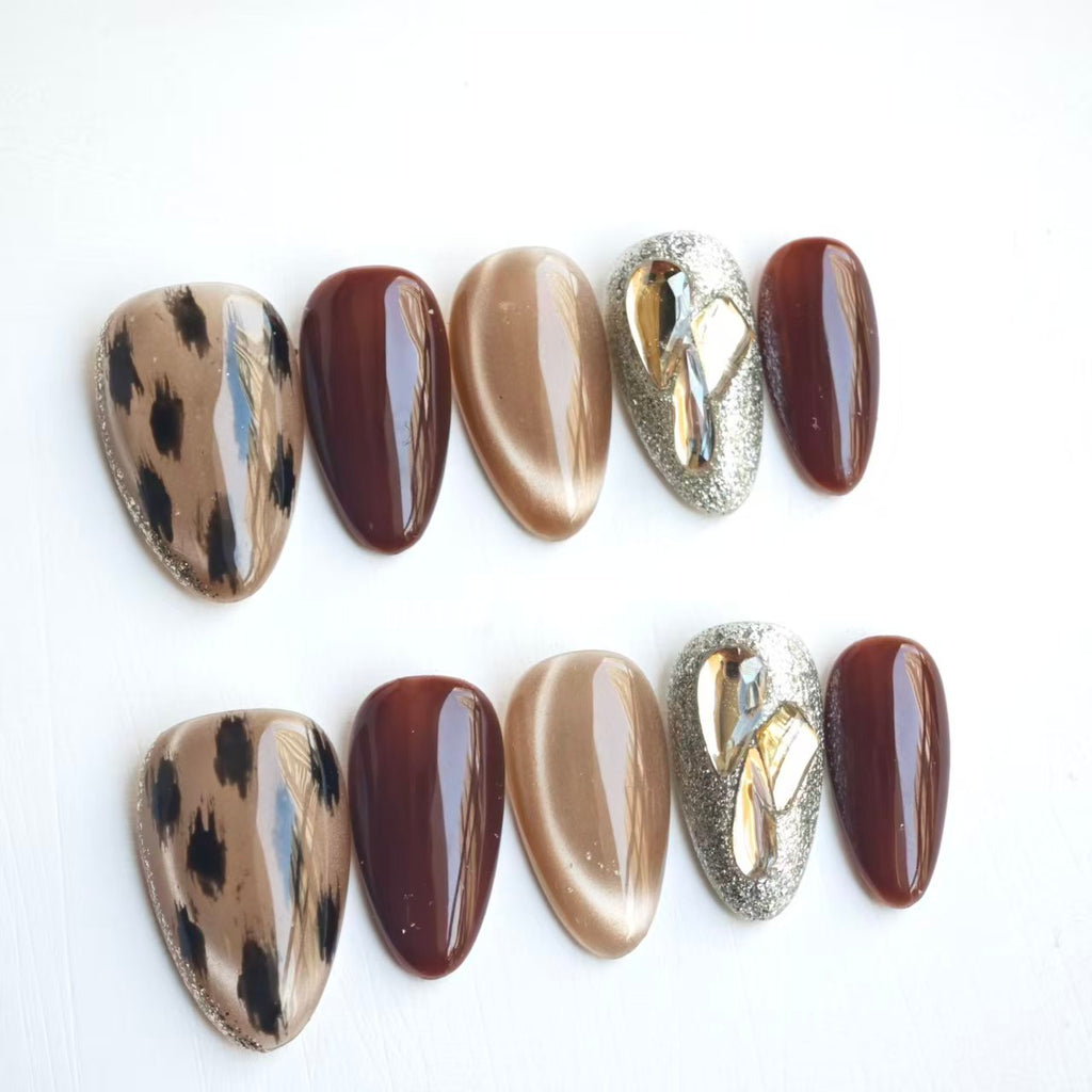 Press On Nails | Leopard Print Brown Cat Eye Design | Detachable Reusable Handmade Fake Nails | 10Pcs Luxury Acrylic Nail Art Kit for Women