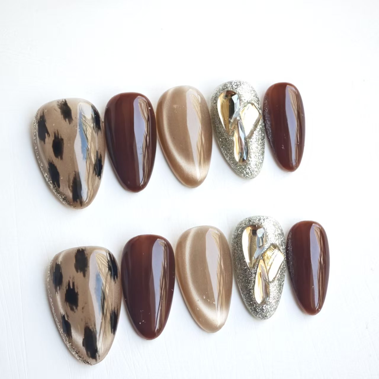 Press On Nails | Leopard Print Brown Cat Eye Design | Detachable Reusable Handmade Fake Nails | 10Pcs Luxury Acrylic Nail Art Kit for Women