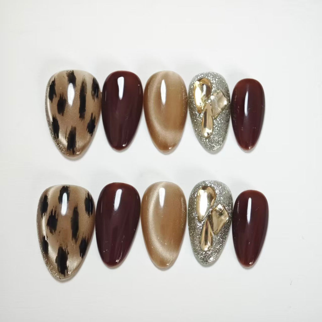 Press On Nails | Leopard Print Brown Cat Eye Design | Detachable Reusable Handmade Fake Nails | 10Pcs Luxury Acrylic Nail Art Kit for Women