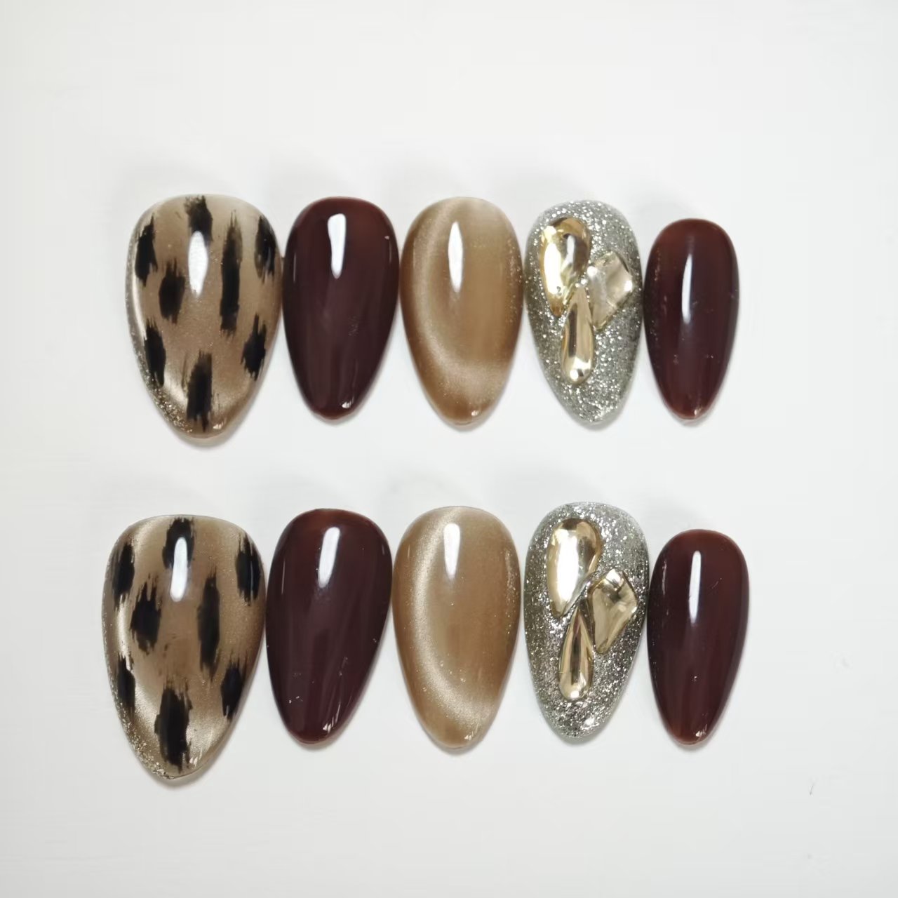 Press On Nails | Leopard Print Brown Cat Eye Design | Detachable Reusable Handmade Fake Nails | 10Pcs Luxury Acrylic Nail Art Kit for Women