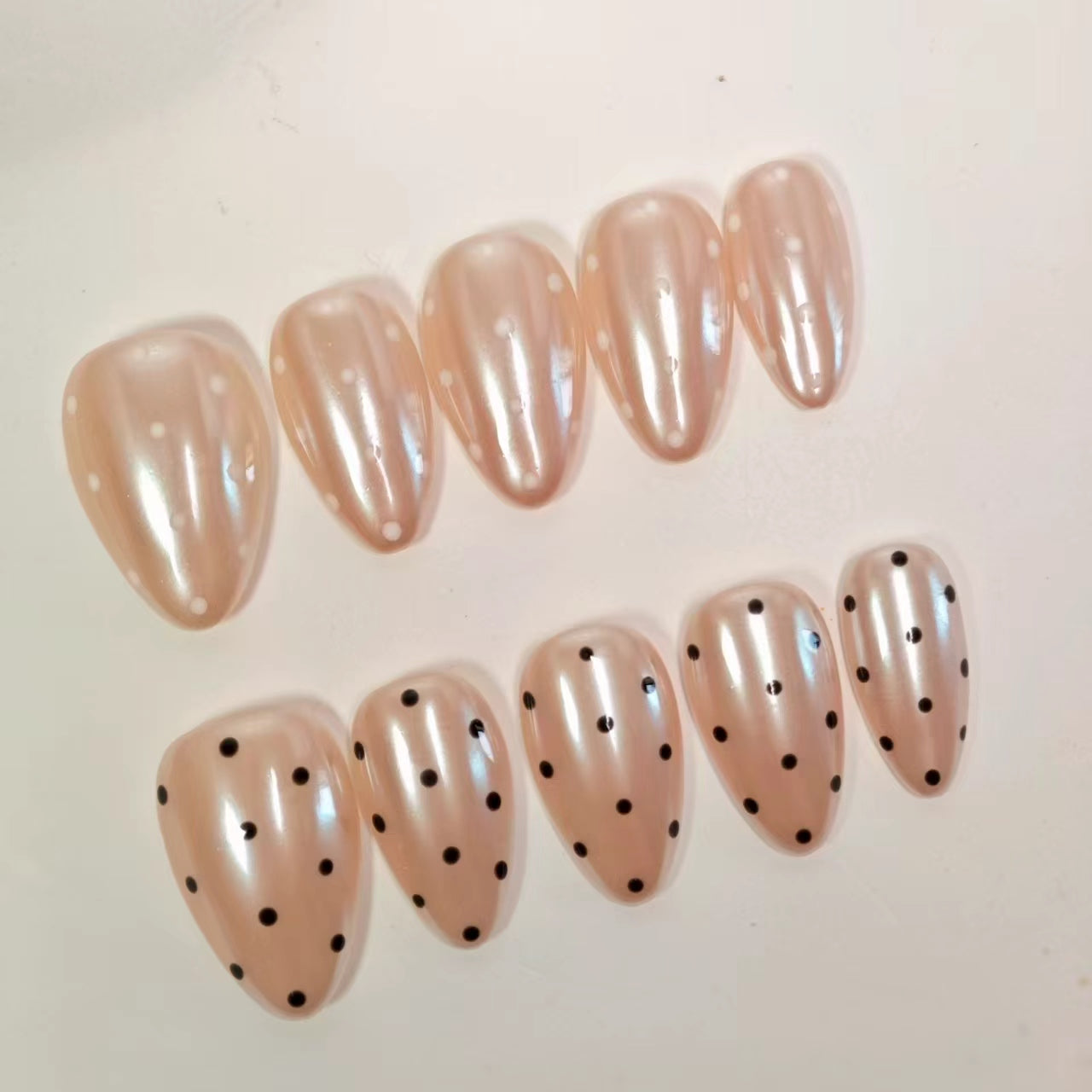 Classic Polka Dot Press On Nails Short Almond - Black & White Dots on Nude Base, French Manicure Style, Elegant and Timeless False Nails for Daily Wear