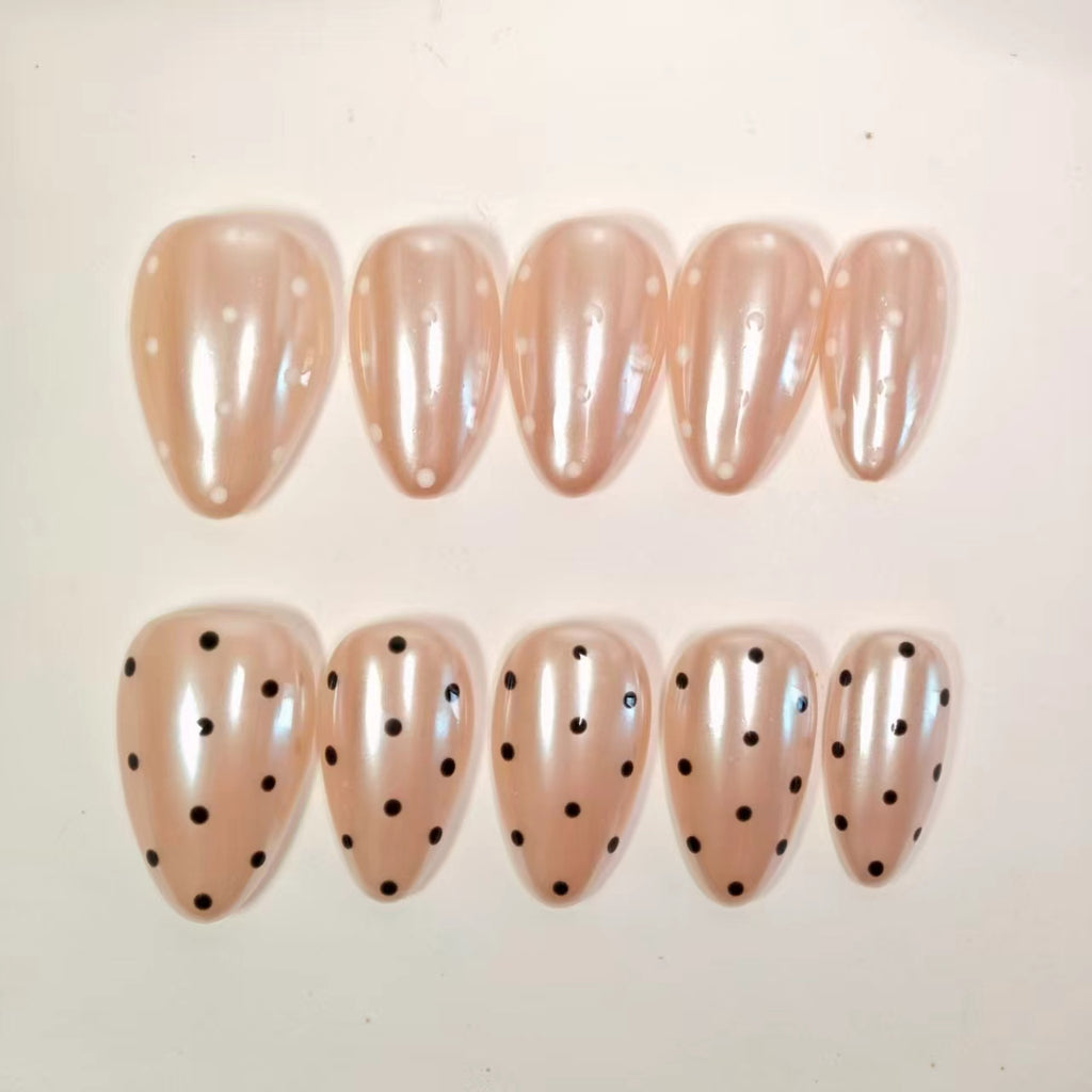 Classic Polka Dot Press On Nails Short Almond - Black & White Dots on Nude Base, French Manicure Style, Elegant and Timeless False Nails for Daily Wear