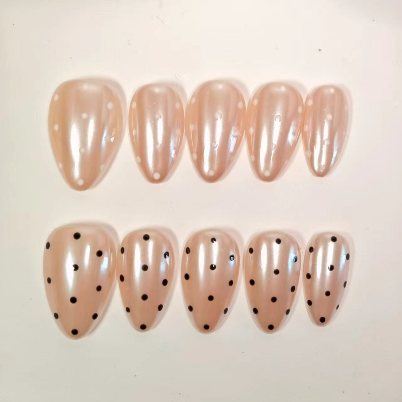 Classic Polka Dot Press On Nails Short Almond - Black & White Dots on Nude Base, French Manicure Style, Elegant and Timeless False Nails for Daily Wear