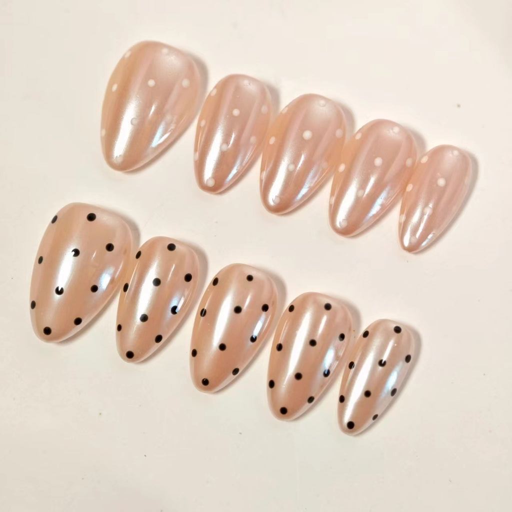 Classic Polka Dot Press On Nails Short Almond - Black & White Dots on Nude Base, French Manicure Style, Elegant and Timeless False Nails for Daily Wear