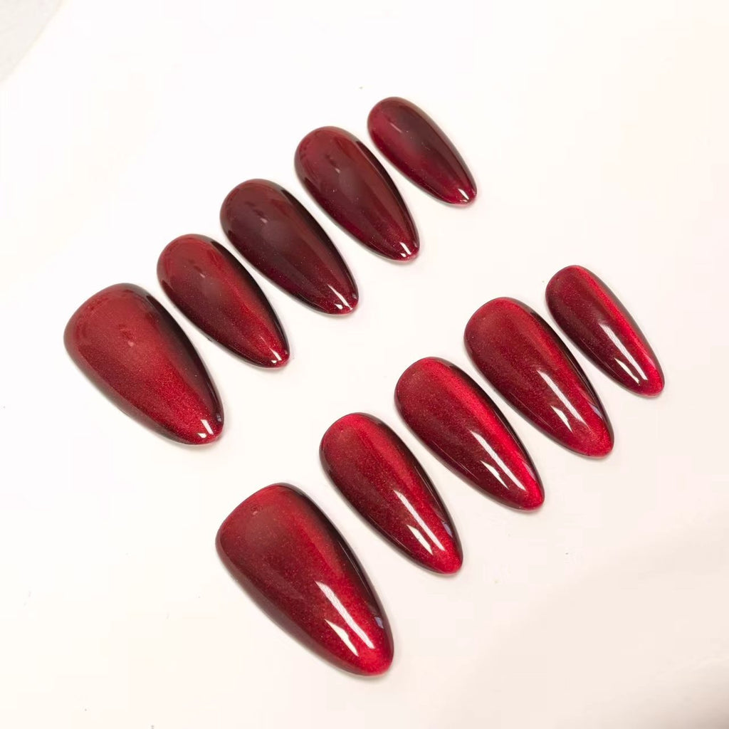 Ruby Red Cat Eye Press On Nails Long Almond - Deep Red Shimmer & High Gloss Finish, Magnetic Magic Effect, Perfect for Christmas & NYE Party Nights