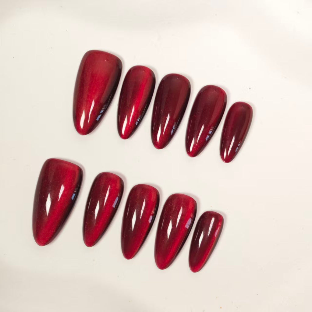 Ruby Red Cat Eye Press On Nails Long Almond - Deep Red Shimmer & High Gloss Finish, Magnetic Magic Effect, Perfect for Christmas & NYE Party Nights