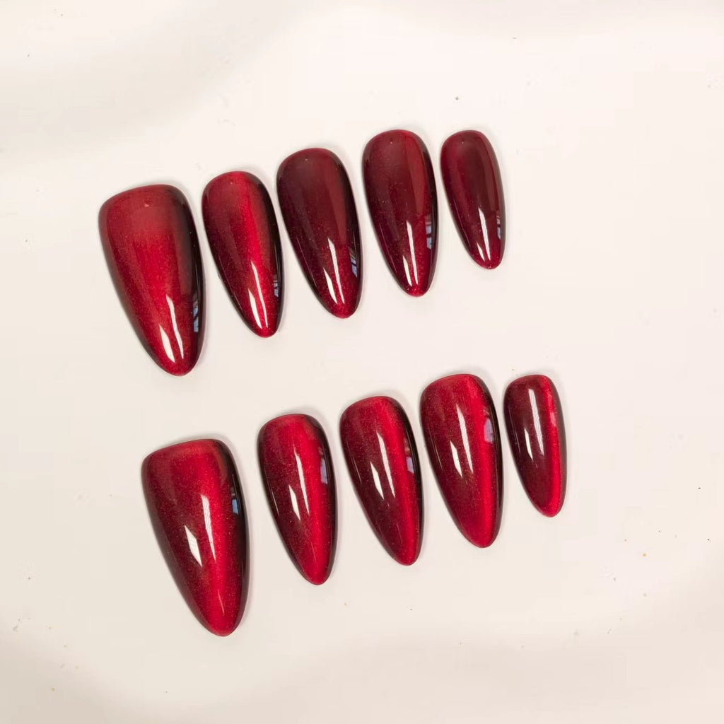 Ruby Red Cat Eye Press On Nails Long Almond - Deep Red Shimmer & High Gloss Finish, Magnetic Magic Effect, Perfect for Christmas & NYE Party Nights