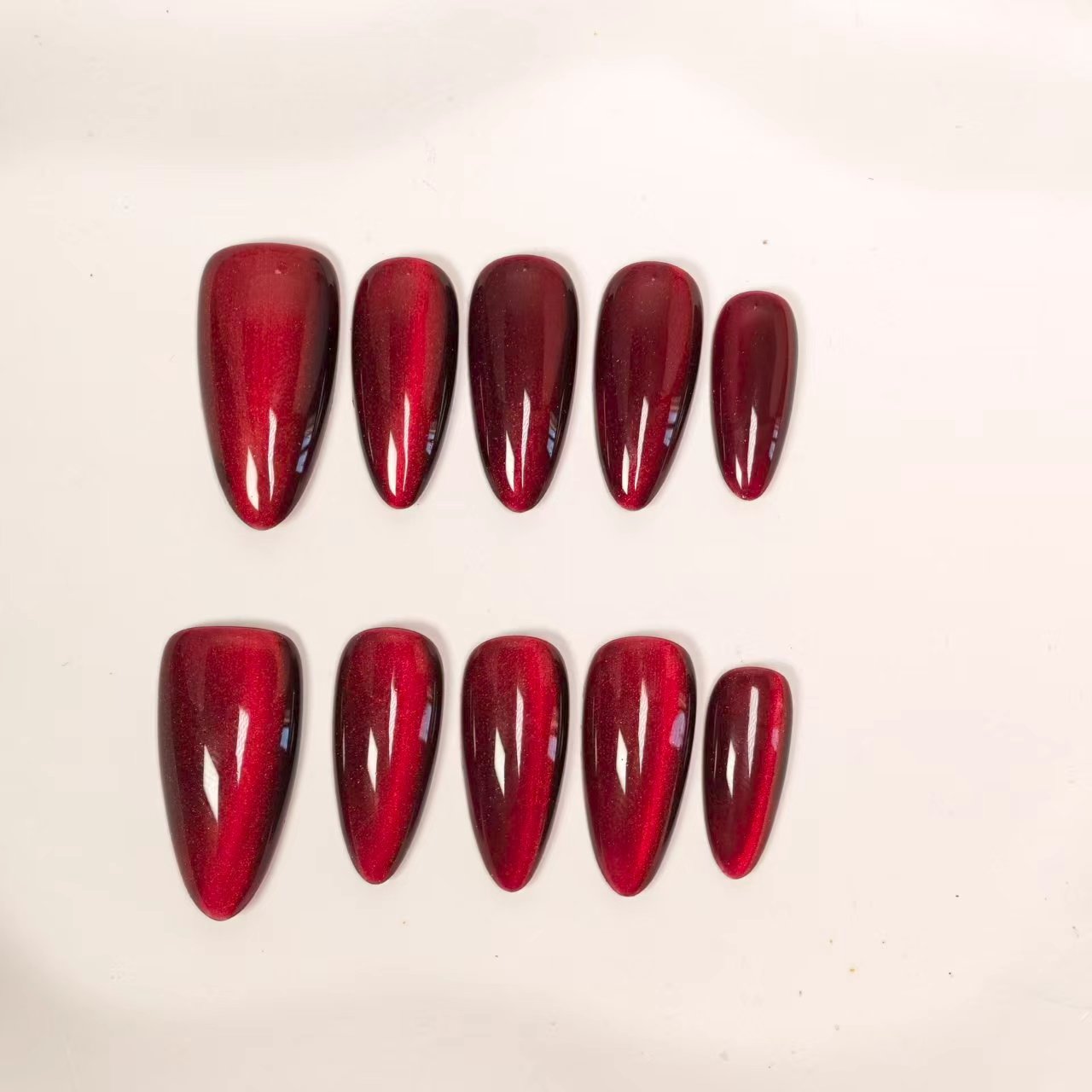 Ruby Red Cat Eye Press On Nails Long Almond - Deep Red Shimmer & High Gloss Finish, Magnetic Magic Effect, Perfect for Christmas & NYE Party Nights