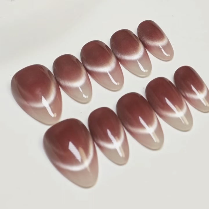 Cat Eye Press On Nails | Smiling French Design with Dark Plum Tips | Reusable & Easy to Apply | 10pcs Handmade Set