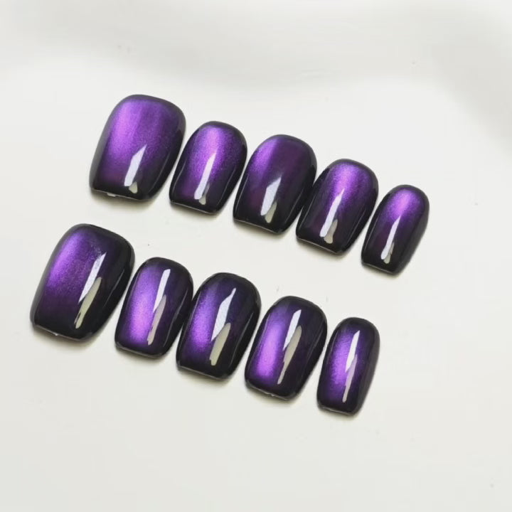 Sparkling Purple Beaded Nails | Glass Beads & Cat Eye Design | 10pcs Handmade Press On Nails | Reusable
